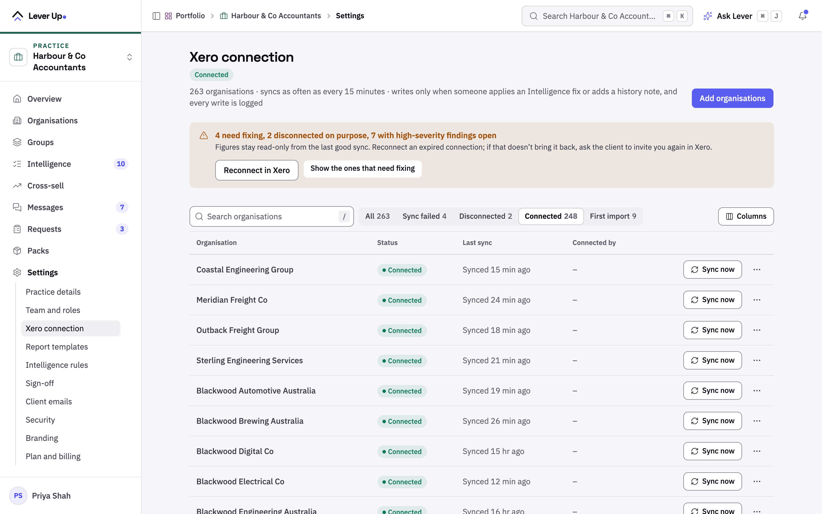 The Xero connection in Settings for Harbour & Co Accountants: connected, with each client organisation, its status and its last sync, on sample data