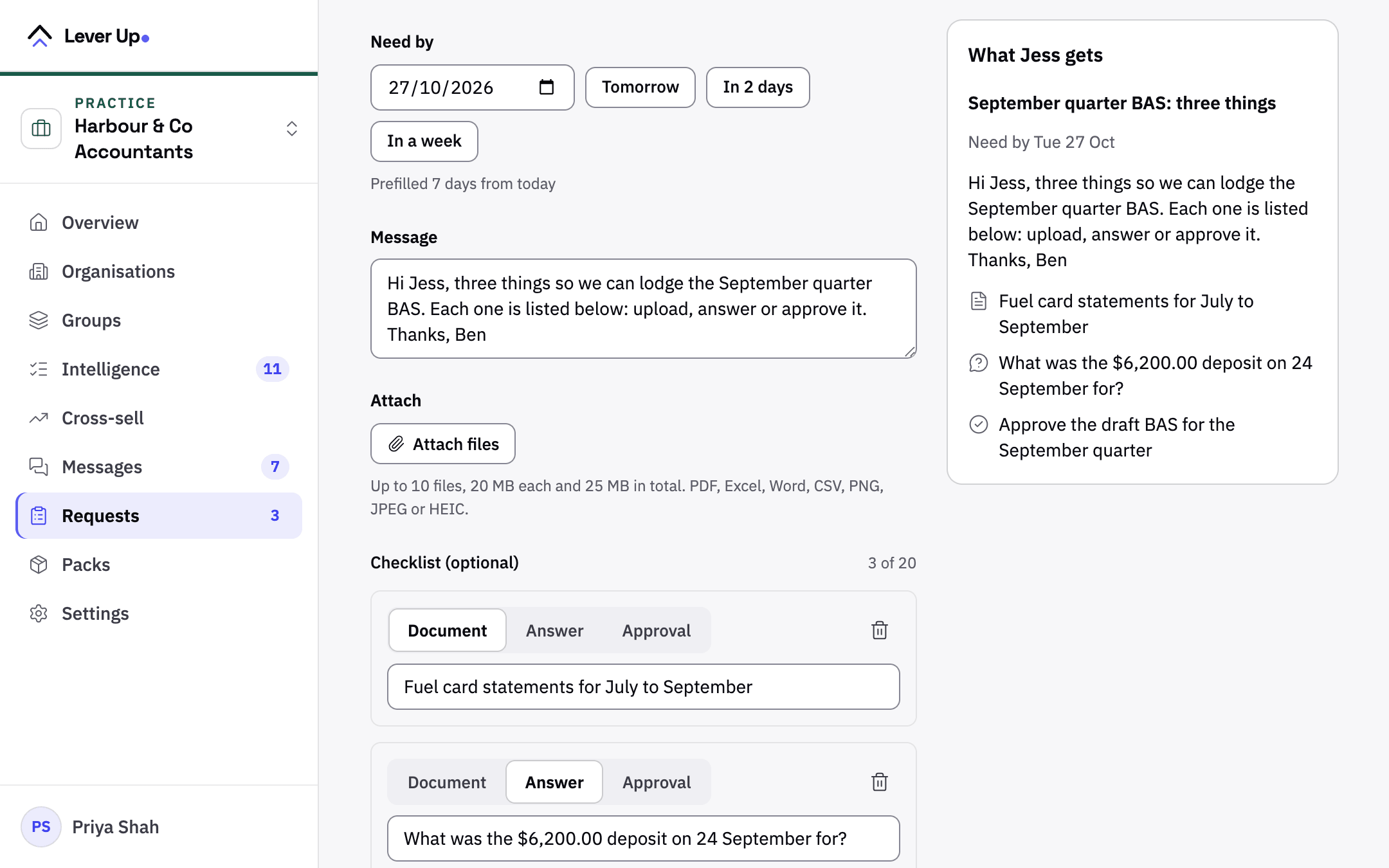 A new request to Jess Marlow at Foundry Logistics, with a Need by date, a message and a checklist of a document, an answer and an approval, on sample data